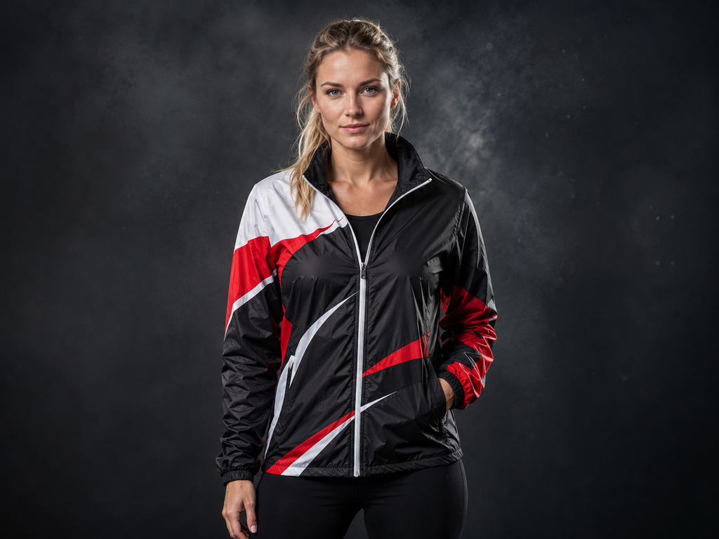 Woman wearing a custom branded windbreaker