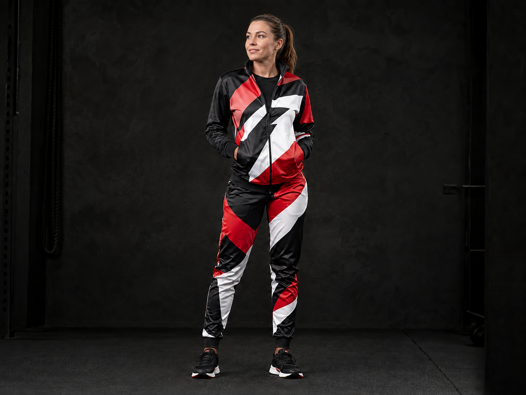 Woman wearing a coordinated custom tracksuit