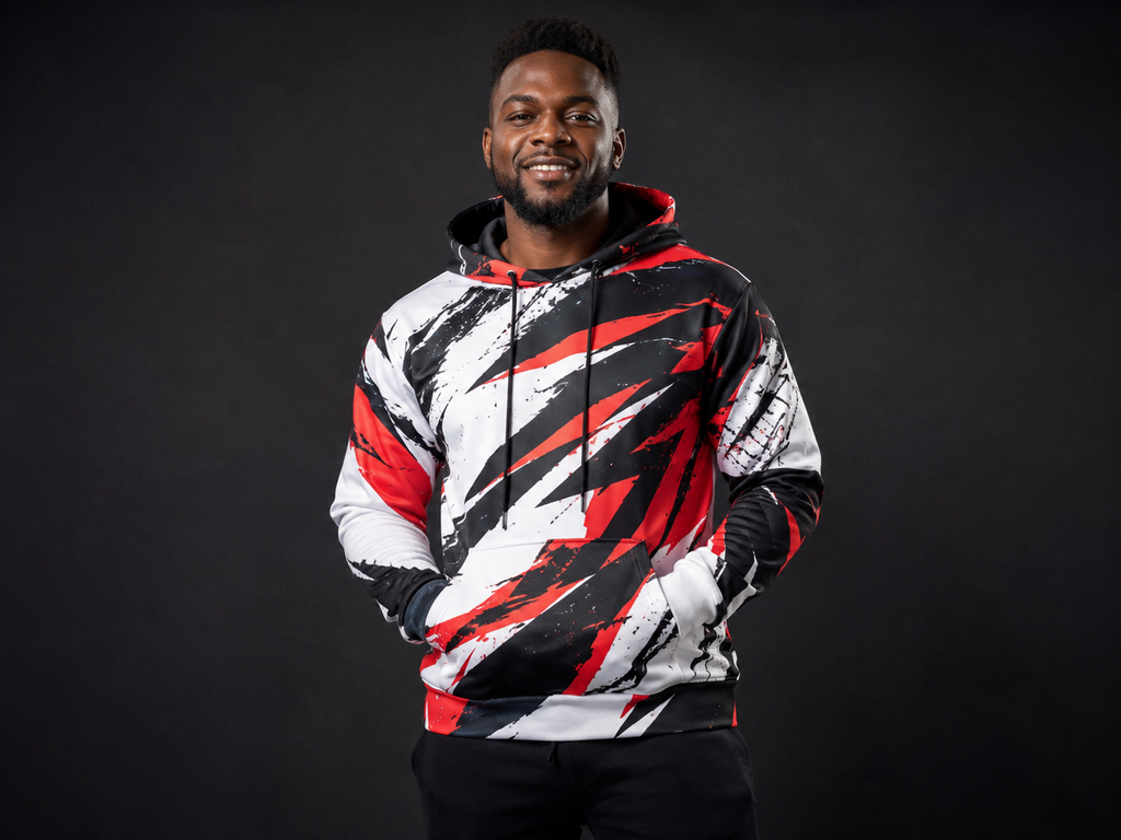 Man wearing a custom sublimated hoodie