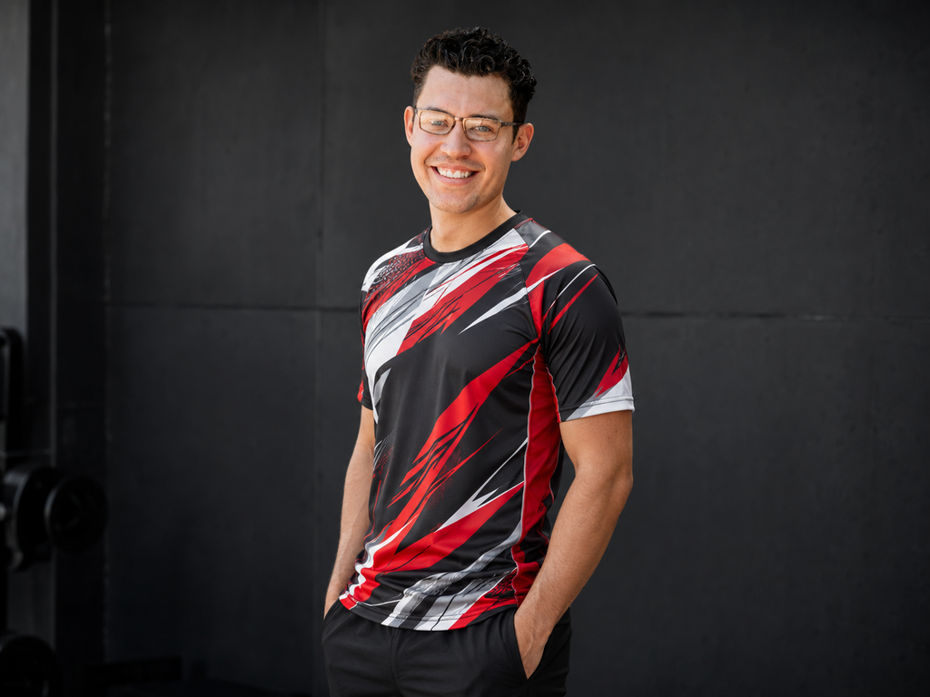 Man wearing a fully sublimated custom T-shirt